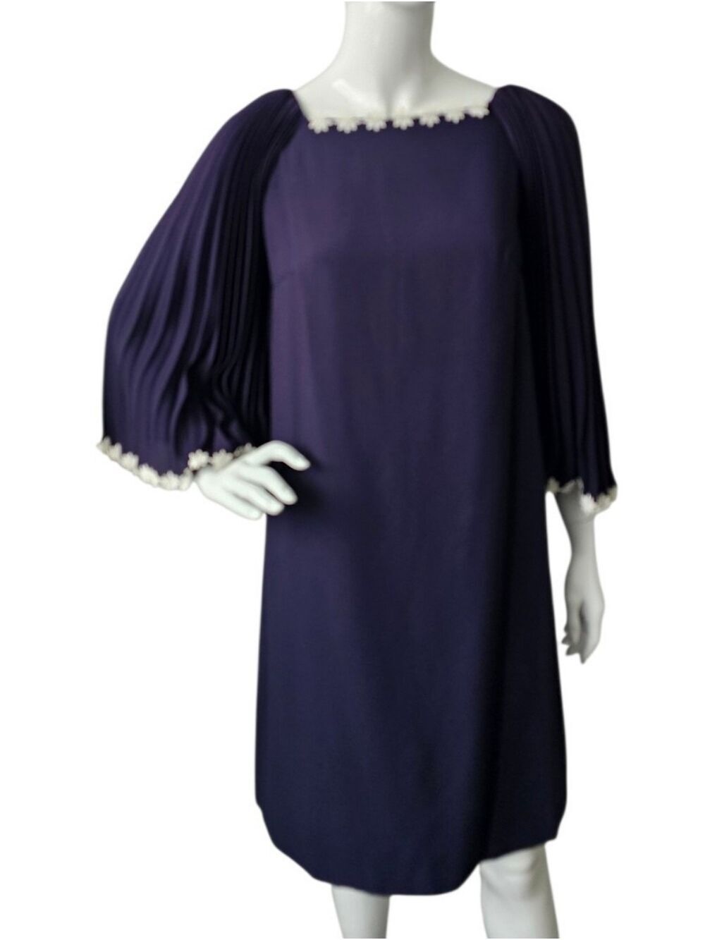 60s 70s Vintage Pleated Bell Sleeve Shift Dress Navy Blue Daisy Trim Size Small
